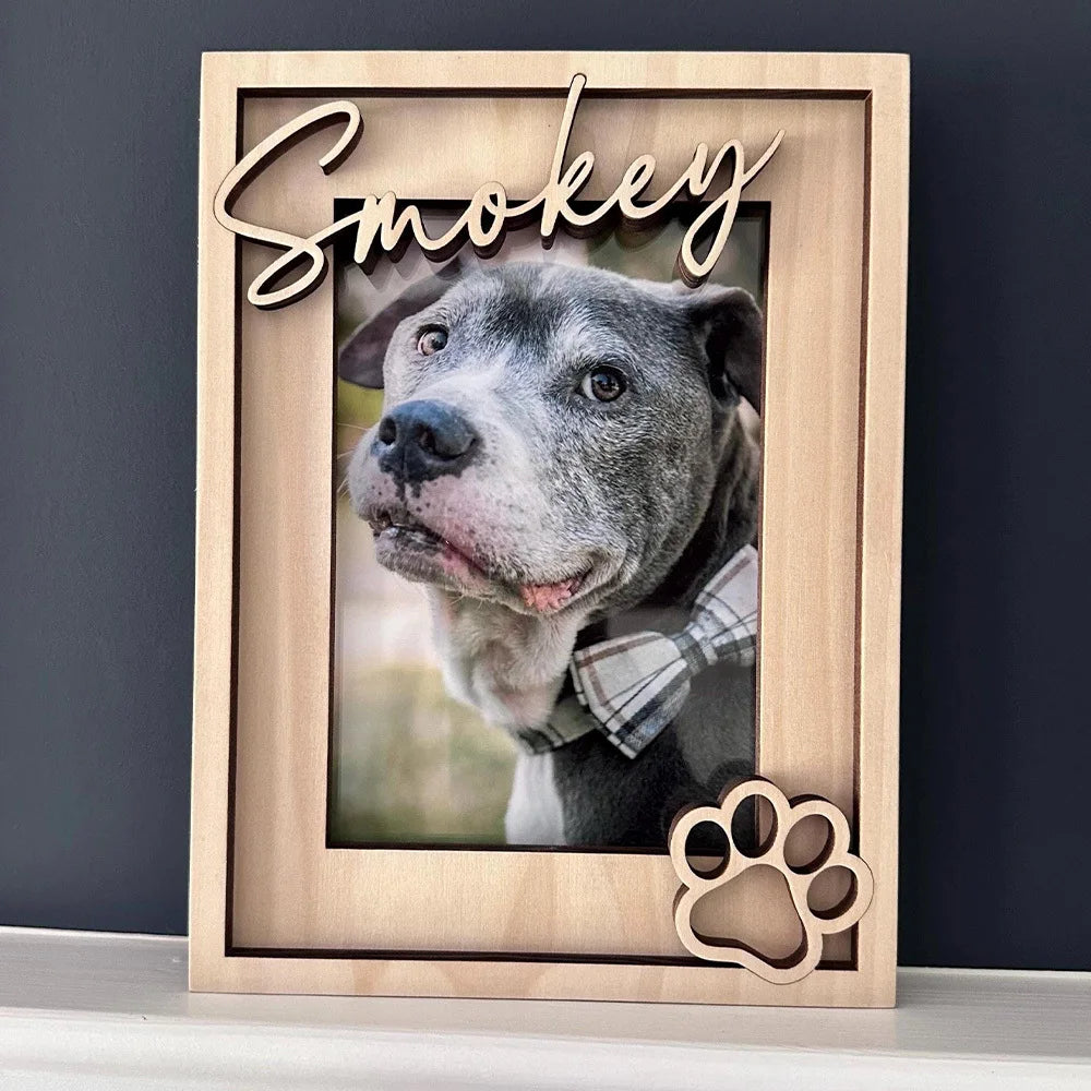 Personalized Wooden Dog Photo Frame – Custom Pet Memorial Gift with Name & Date