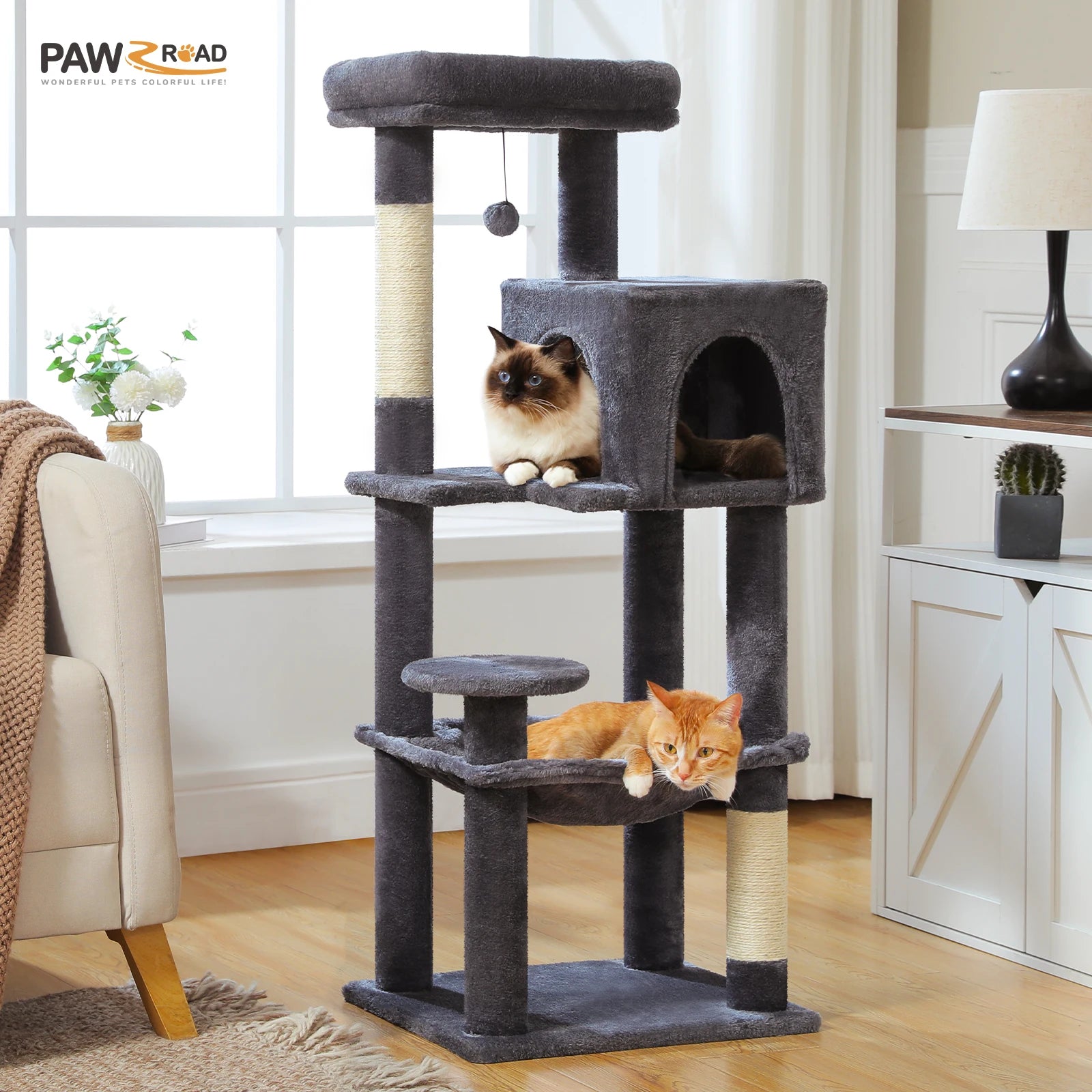 Multi-Level Cat Tree – Indoor Tower with Condo, Hammock & Scratching Posts