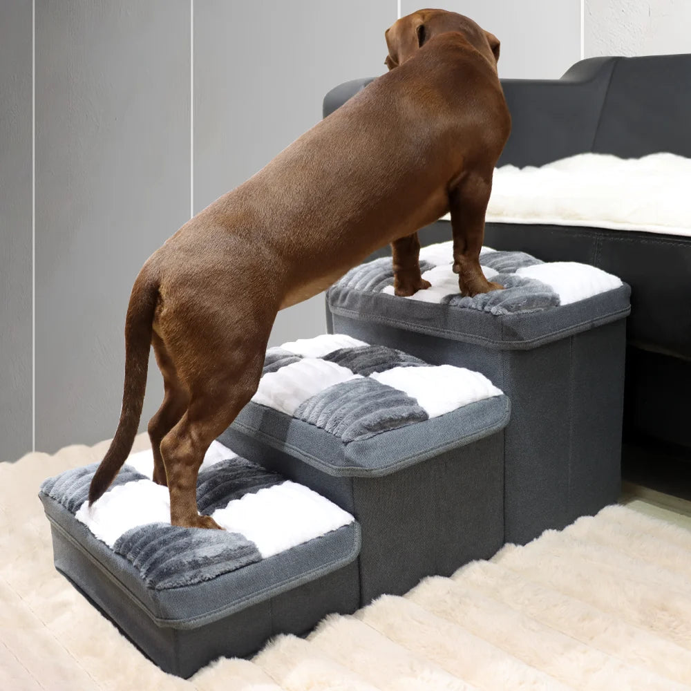 3-Step Folding Dog Stairs with Storage & Condo Bed – Handcrafted Design for High Beds & Sofas