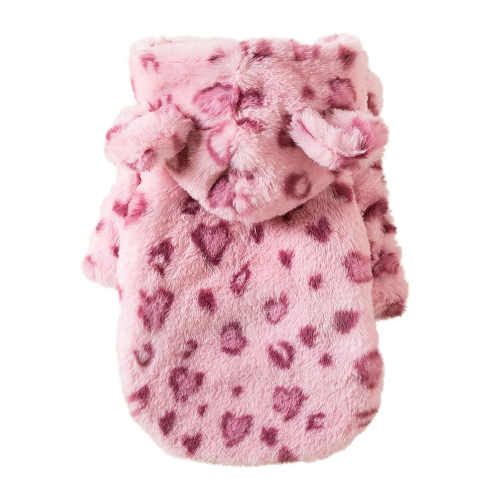 Leopard Fleece Dog Hoodie – Warm Winter Coat for Small Dogs