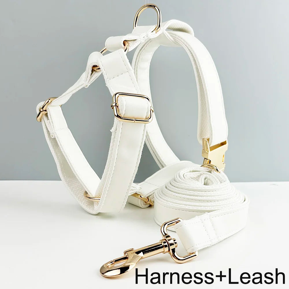 White Leather Dog Collar & Leash Set – Custom Engraved Nameplate
