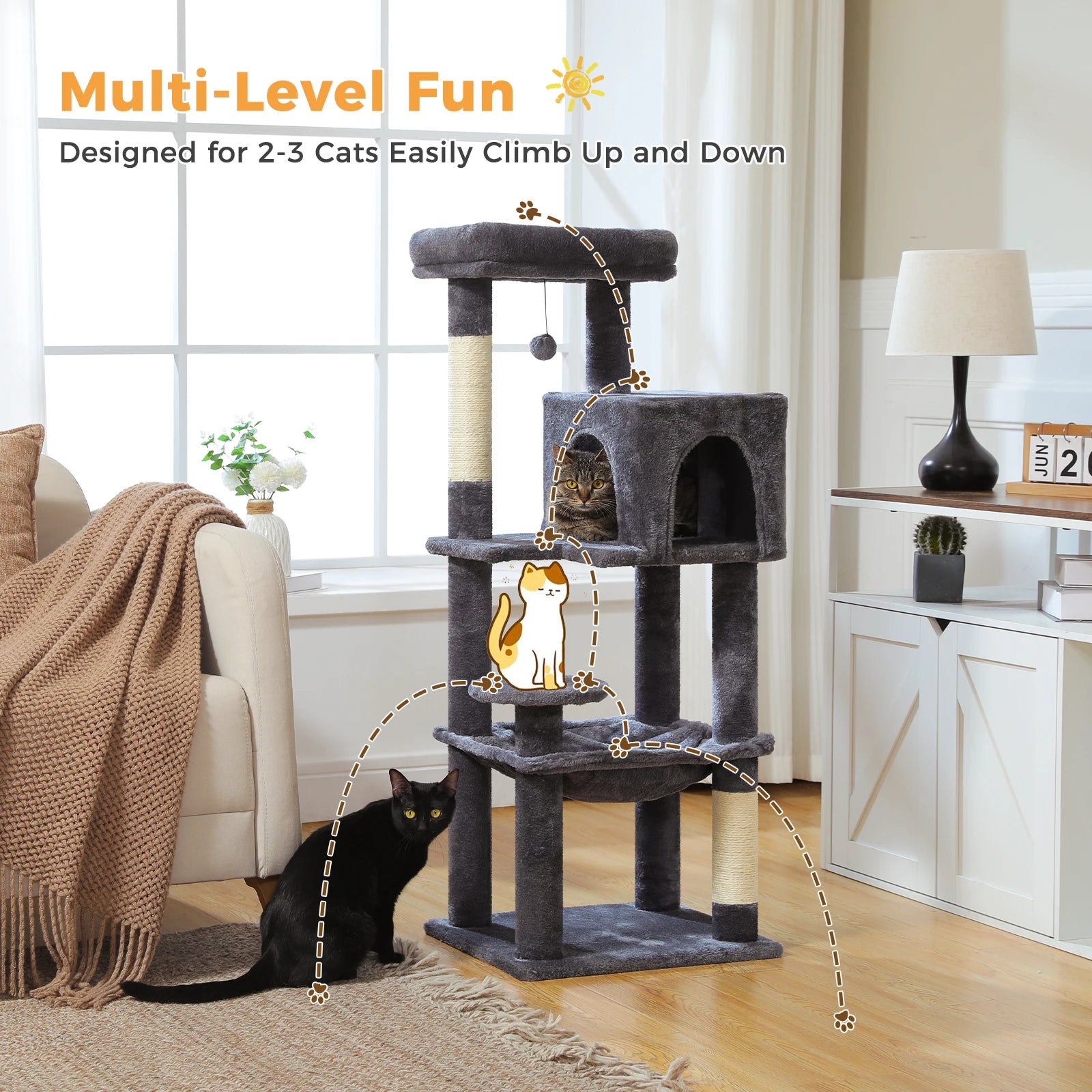Multi-Level Cat Tree – Indoor Tower with Condo, Hammock & Scratching Posts