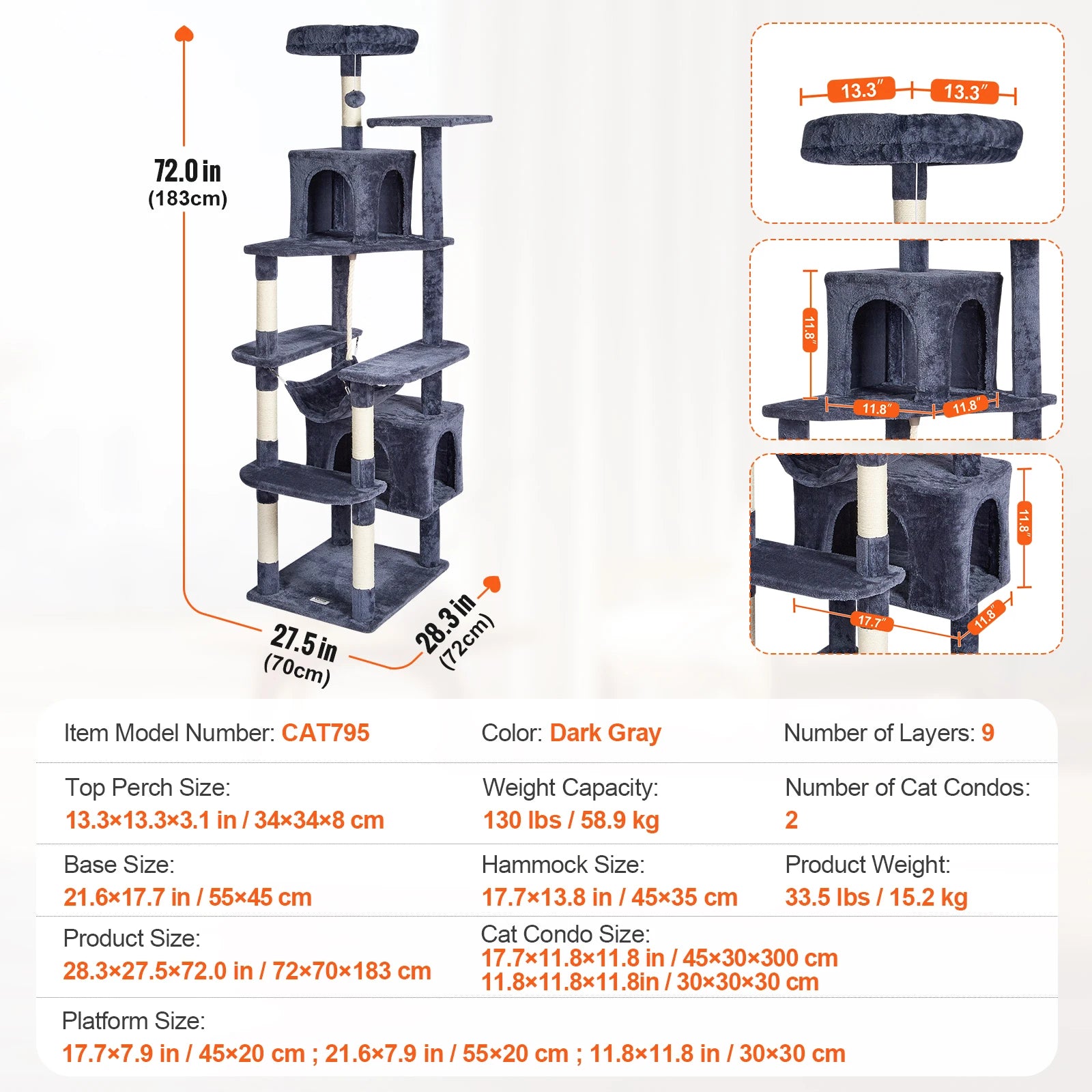 VEVOR 45.2" Cat Tree Tower – Multi-Level Cat Condo with Hammock, Top Perch & Sisal Scratching Posts (Dark Grey)