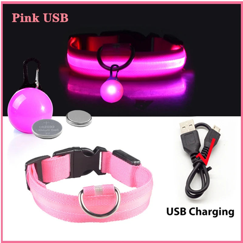 USB Rechargeable LED Dog Collar – Glowing Light-Up Safety Collar with Pendant for Small Dogs & Cats