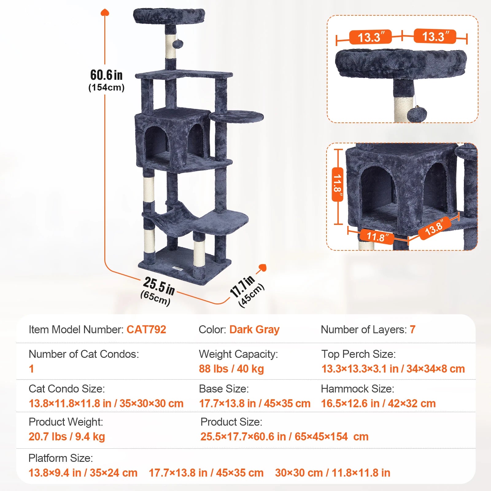 VEVOR 45.2" Cat Tree Tower – Multi-Level Cat Condo with Hammock, Top Perch & Sisal Scratching Posts (Dark Grey)