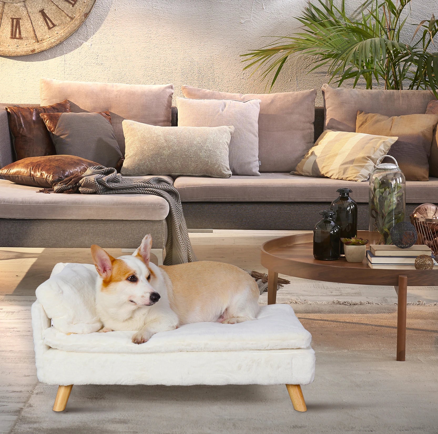 Nordic Elevated Pet Bed – Wooden Leg Pet Sofa with Waterproof Cozy Pad