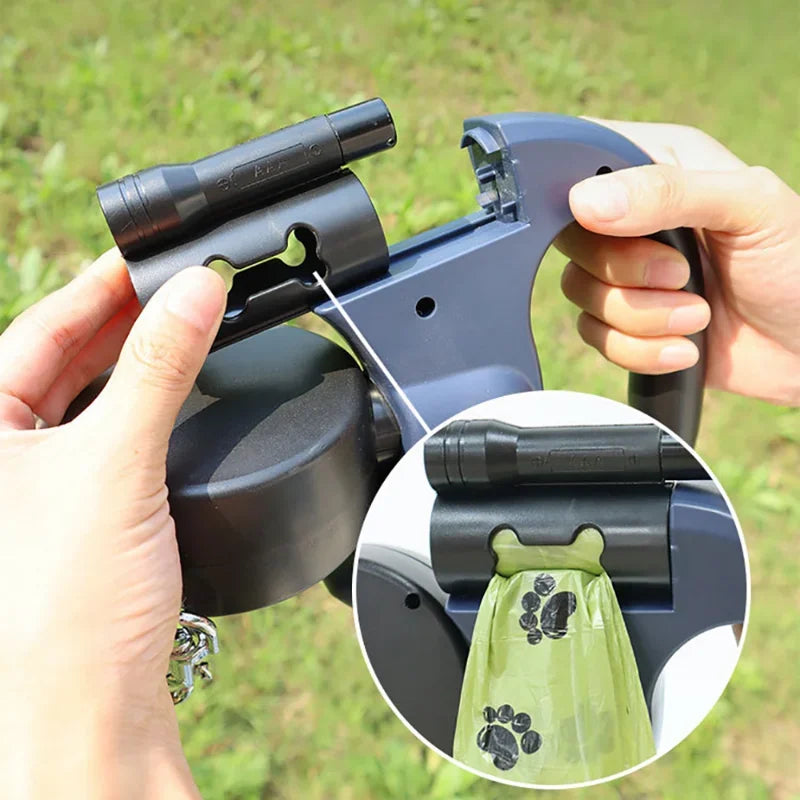 Retractable Dual Dog Leash – LED Light, 360° Swivel, Reflective, No-Tangle