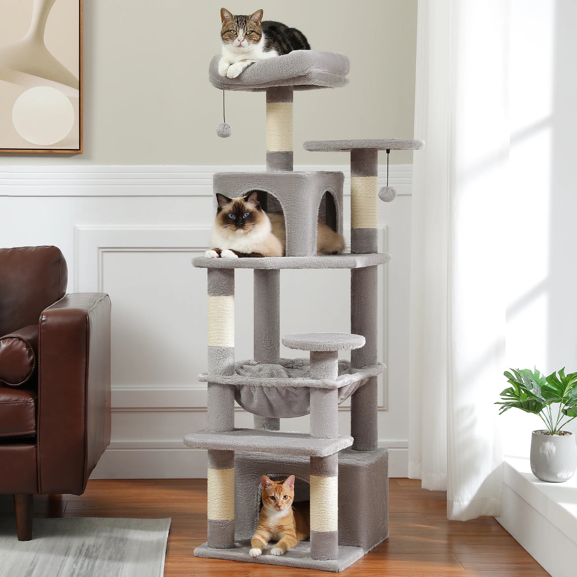 6-Level Multi-Cat Tree Tower with Dual Condos, Double Top Perches, Hammock & 5 Scratching Posts
