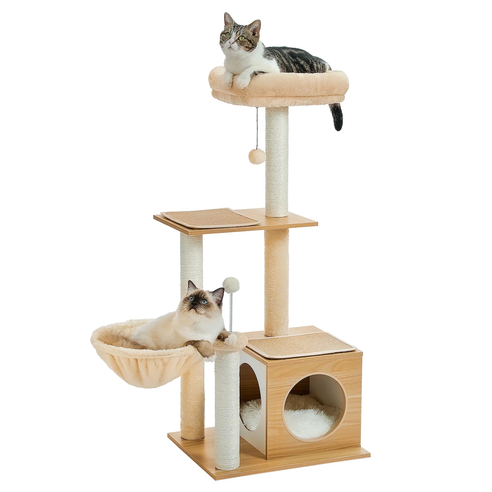 Modern Cat Tree – Multi-Level Wood Tower with Condo, Hammock & Scratching Posts