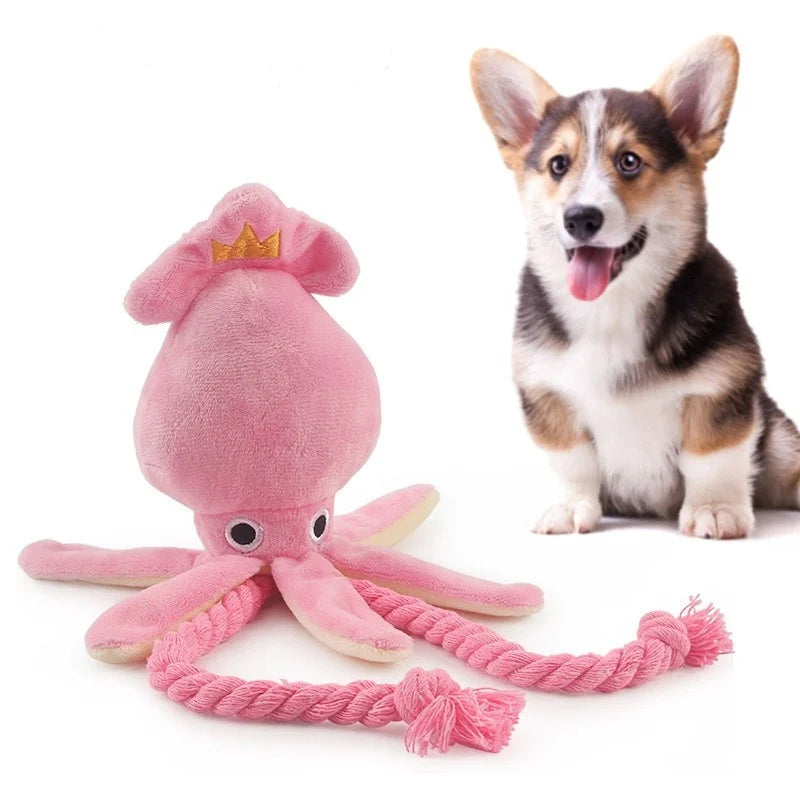 Squid Plush Dog Toy – Cute Puppy Chew Toy with Squeaker, Teeth Cleaning Rope Toy for Small Dogs & Puppies
