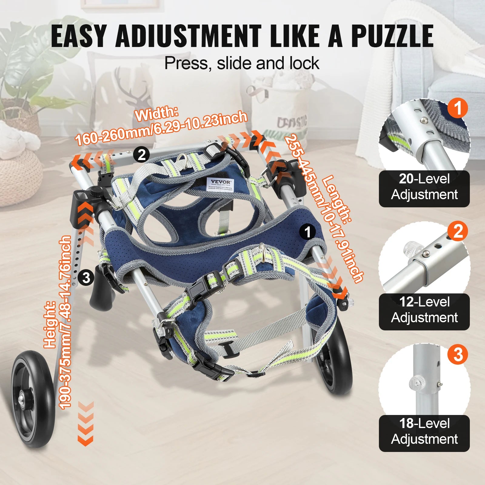 VEVOR 2-Wheel Dog Wheelchair for Back Legs – Adjustable Pet Mobility Cart for Injured, Disabled, or Paralyzed Dogs