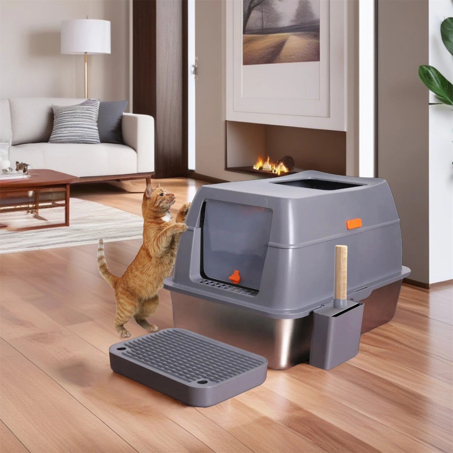 Enclosed Stainless Steel Cat Litter Box with Lid – Extra Large Metal Litter Pan Tray with High Walls for Big Cats