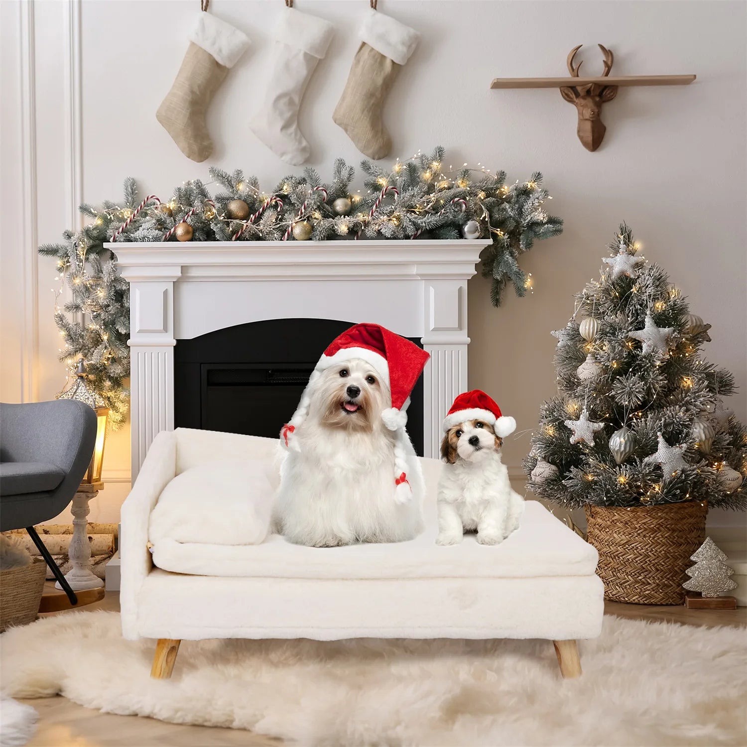Nordic Elevated Pet Bed – Wooden Leg Pet Sofa with Waterproof Cozy Pad