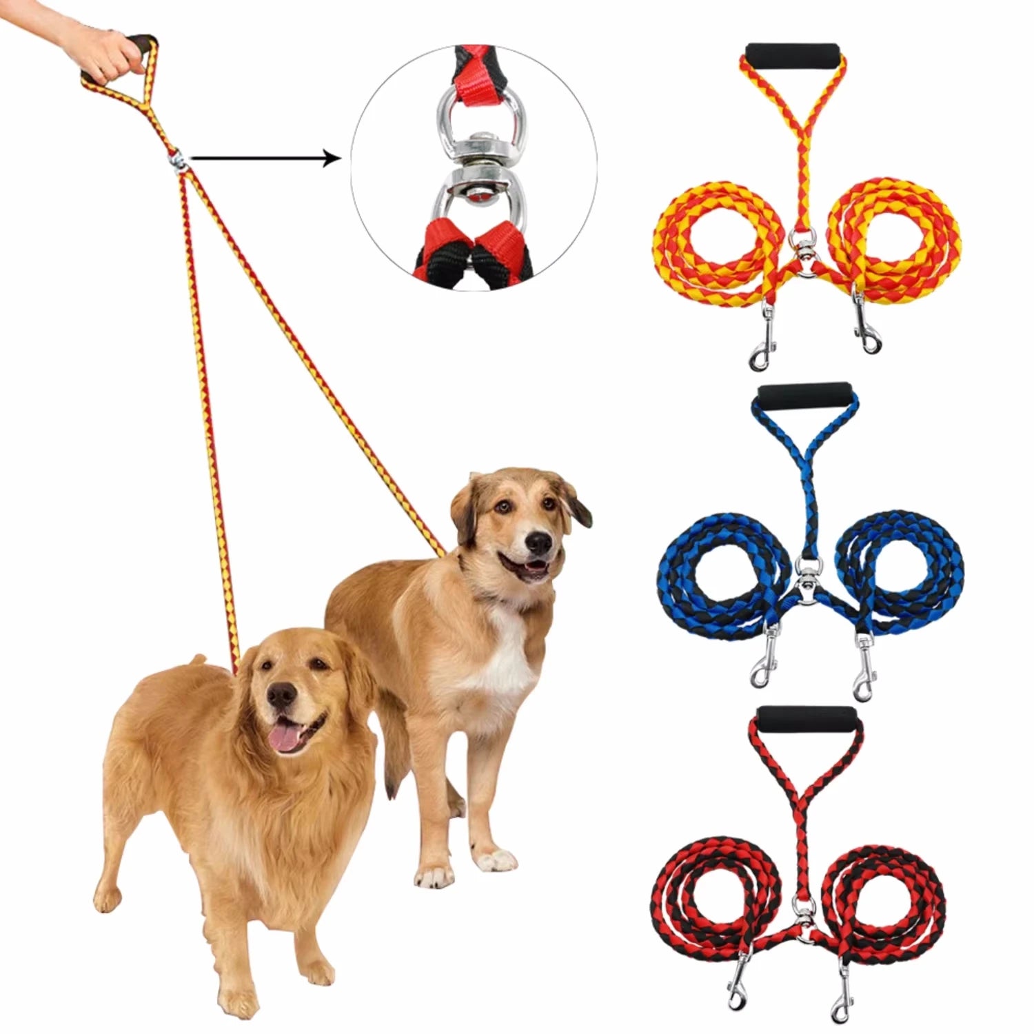 Double Dog Leash – 360° Swivel Tangle-Free Nylon Walking Leash for Two Pets