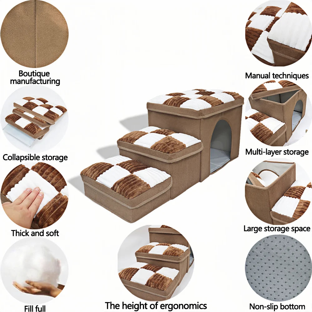 3-Step Folding Dog Stairs with Storage & Condo Bed – Handcrafted Design for High Beds & Sofas