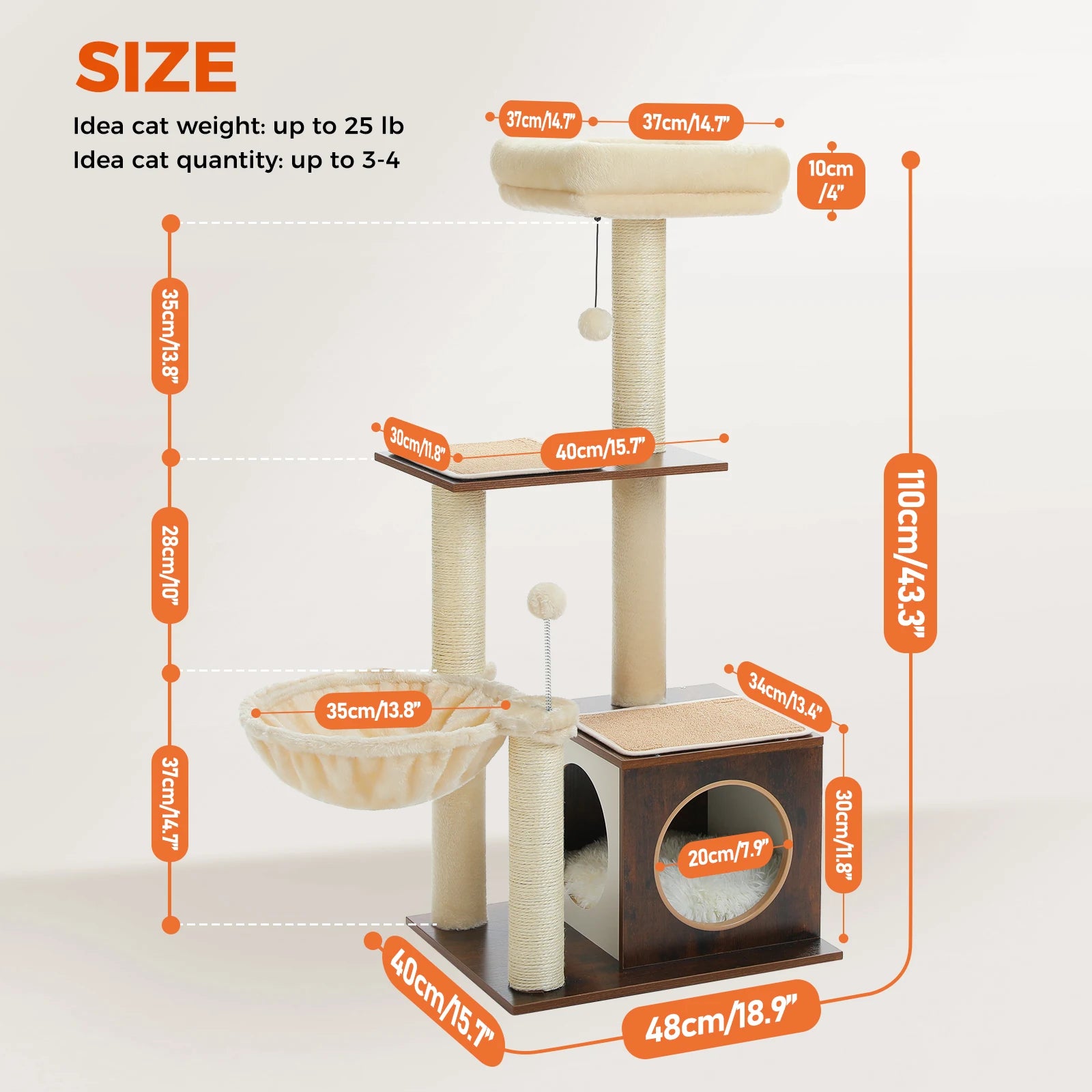 Modern Cat Tree – Multi-Level Wood Tower with Condo, Hammock & Scratching Posts