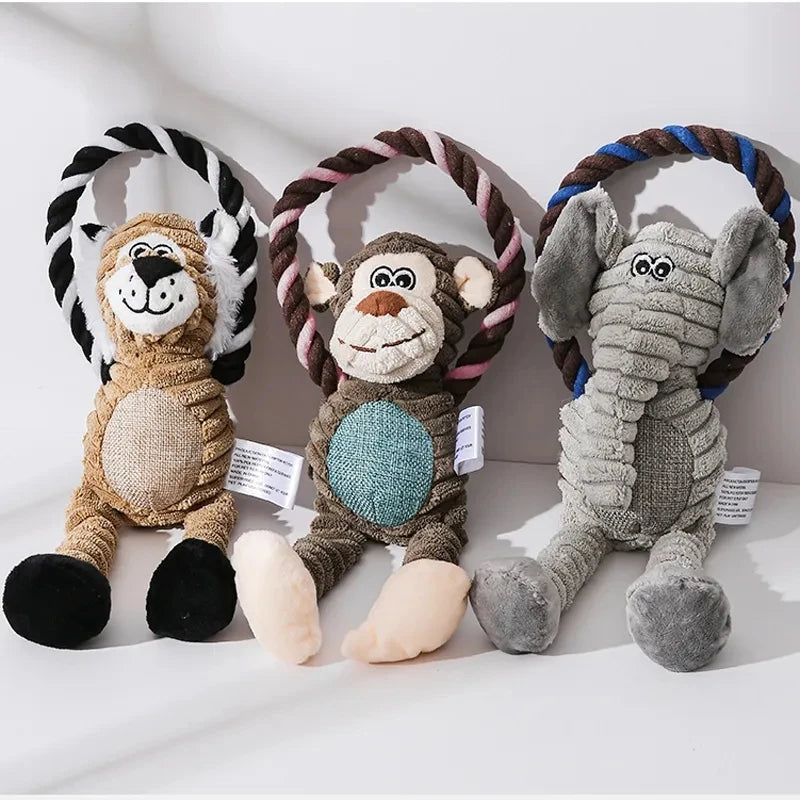 Dog Plush Squeaky Animal Toys – Bite-Resistant Chew Toys for Interactive Play & Dental Health (Lion, Elephant, Monkey)