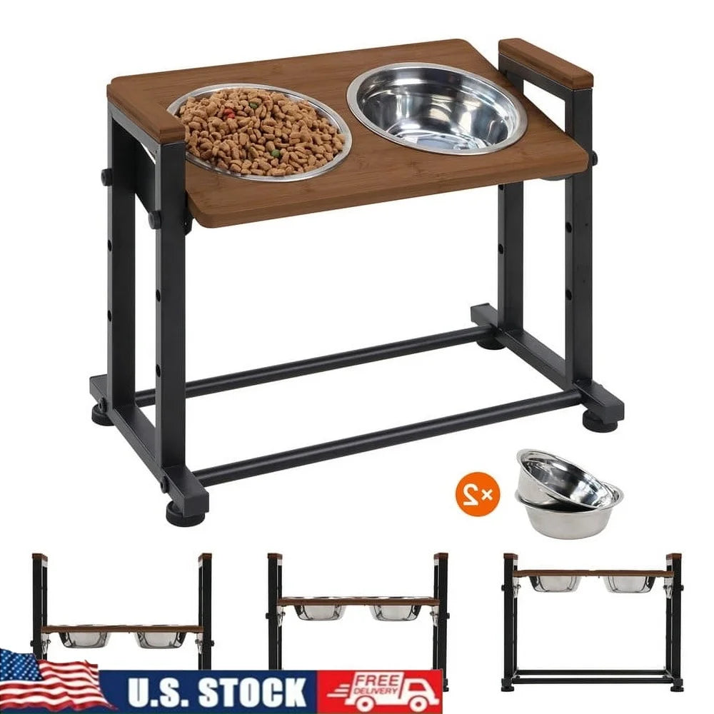 Adjustable Elevated Dog Bowl Stand – 2 Stainless Steel Bowls with Non-Slip Base