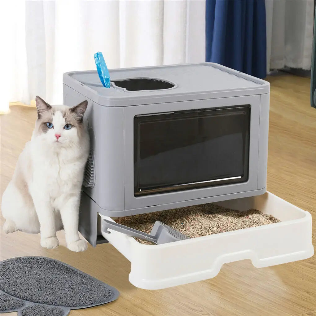 Foldable Enclosed Cat Litter Box – Front Entry & Top Exit Design with Massager, Litter Scoop & Space-Saving Foldable Structure