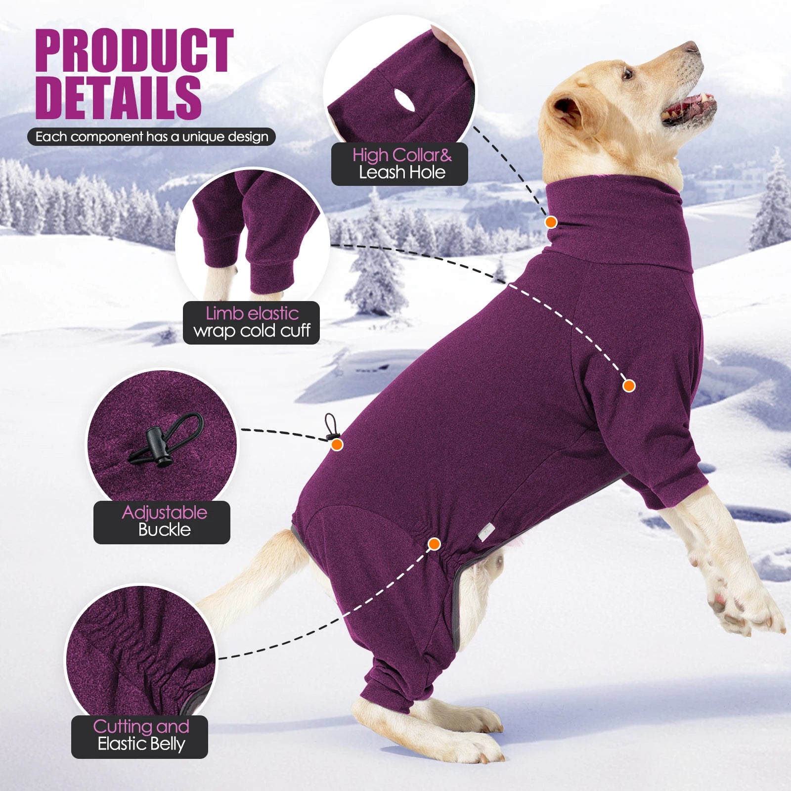 Warm Fleece Dog Jumpsuit – Windproof High-Collar Winter Overalls for Large Dogs