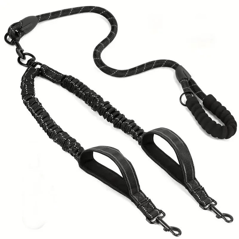 Reflective Double Dog Leash – 360° No-Tangle Dual Walking Leash with Two Traffic Handles & Shock Absorption