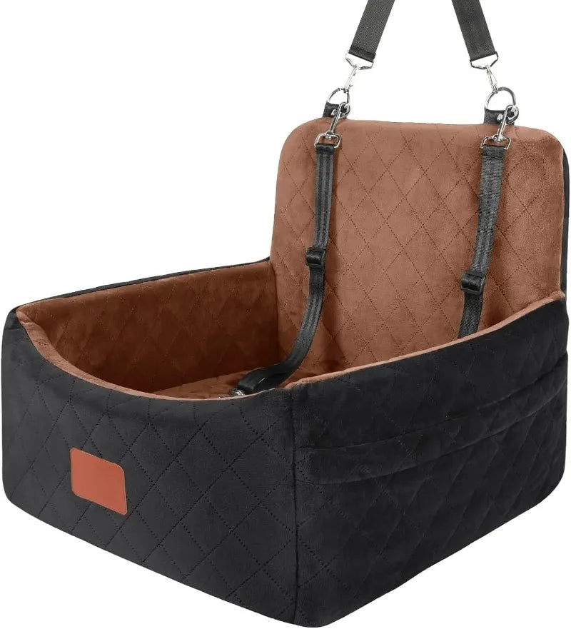 NEW Dog Car Seat – Ultra Soft Fabric with Memory Foam | Comfy & Safe Travel Bed for Small Dogs (Black/Brown)