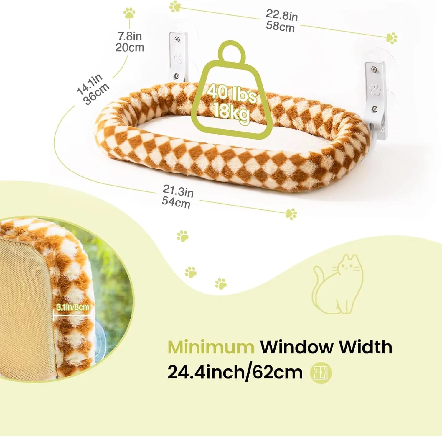 Mewoofun Foldable Cat Window Perch – Cordless Cat Hammock with 4 Strong Suction Cups & Removable Soft Cover (White, Brown, Green)