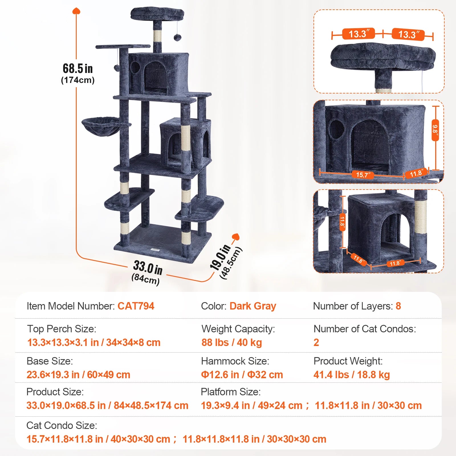 VEVOR 45.2" Cat Tree Tower – Multi-Level Cat Condo with Hammock, Top Perch & Sisal Scratching Posts (Dark Grey)