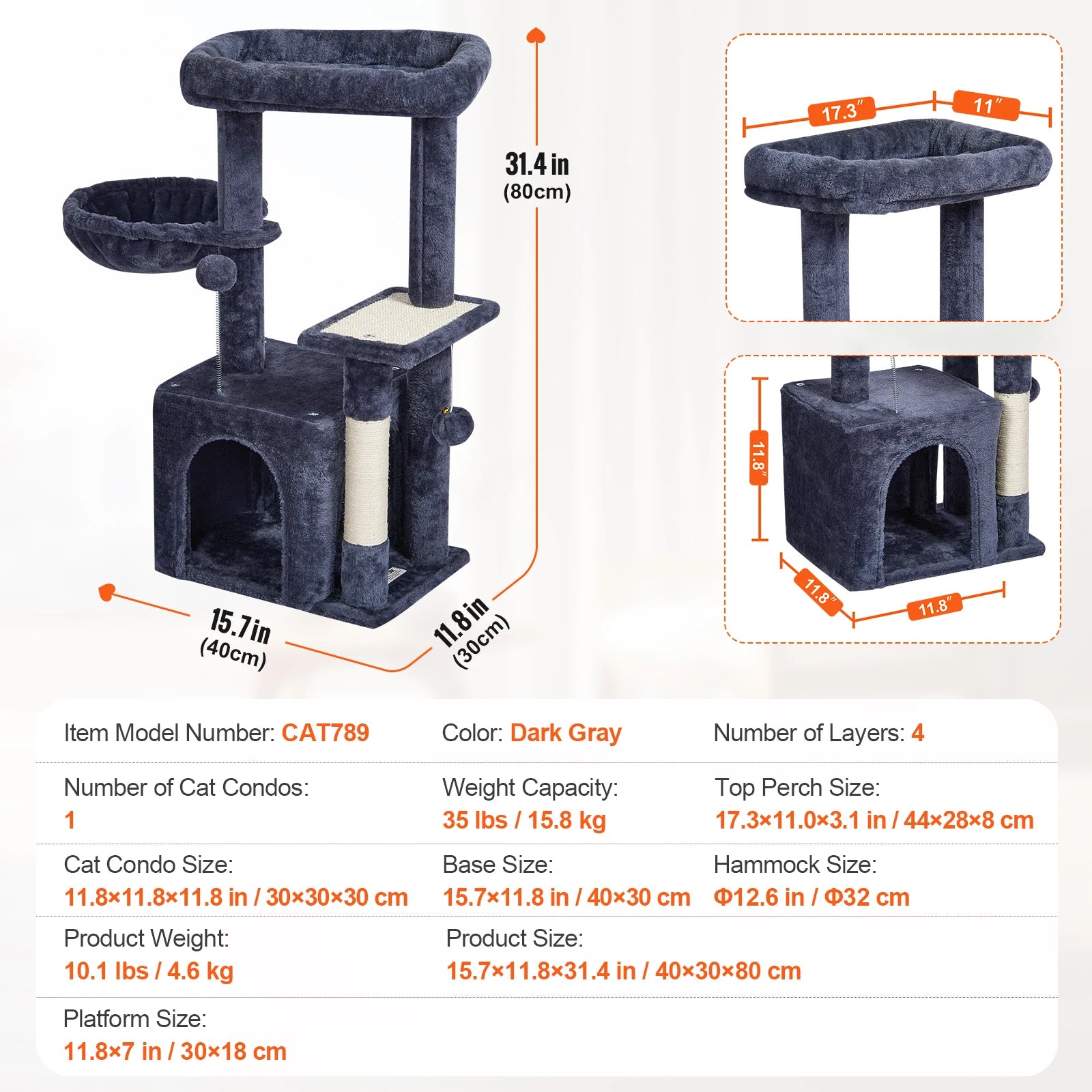 VEVOR 45.2" Cat Tree Tower – Multi-Level Cat Condo with Hammock, Top Perch & Sisal Scratching Posts (Dark Grey)