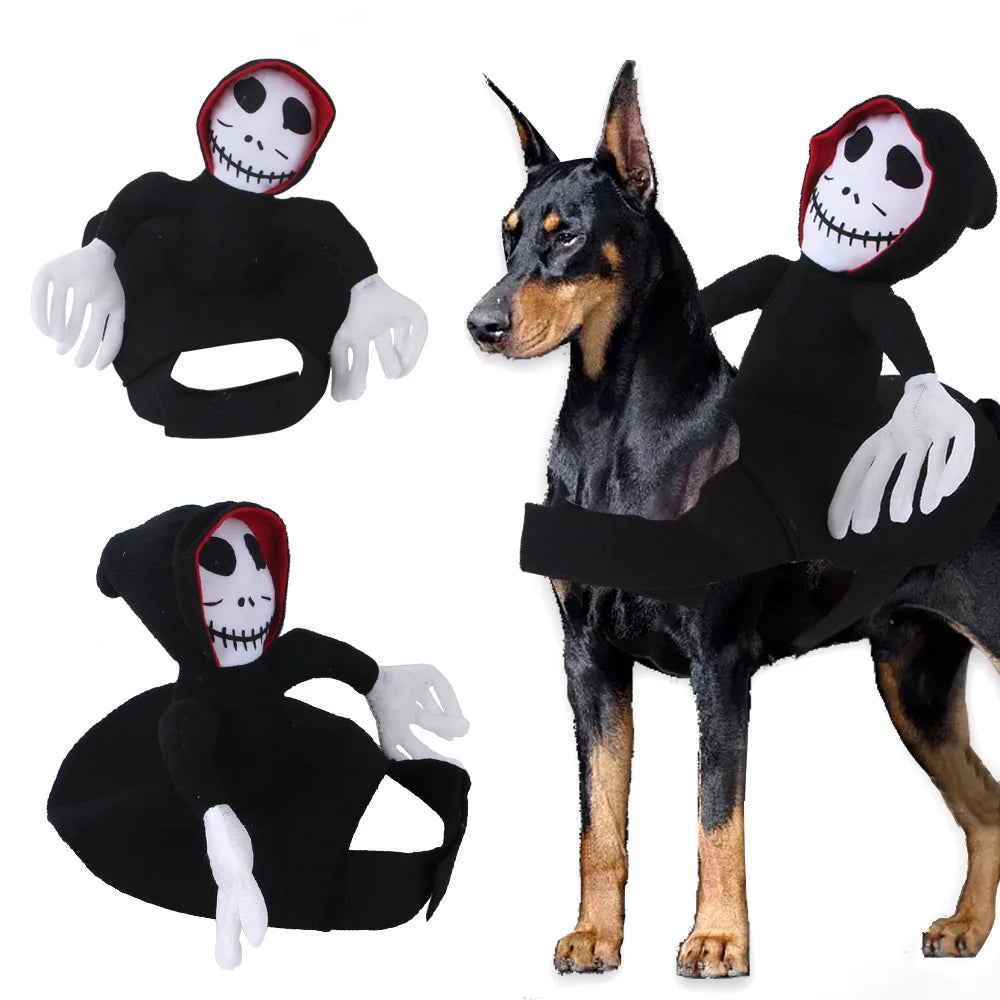 Halloween Death Rider Dog Costume – Adjustable Skeleton Rider Outfit for Cats & Dogs