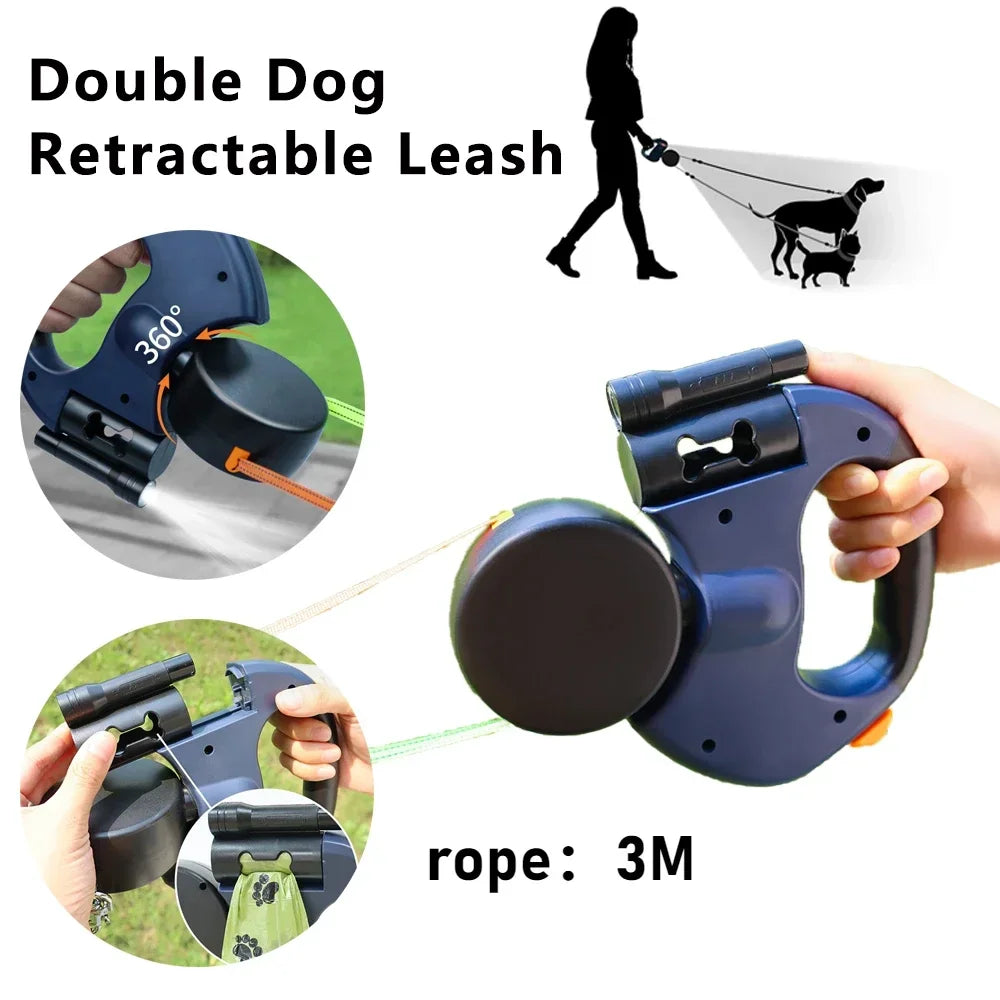 Retractable Dual Dog Leash – LED Light, 360° Swivel, Reflective, No-Tangle