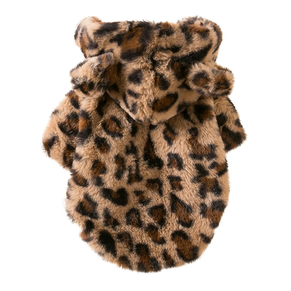 Leopard Fleece Dog Hoodie – Warm Winter Coat for Small Dogs