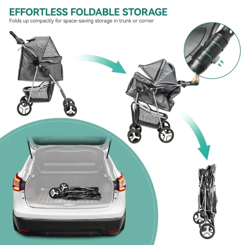 Foldable Dog Stroller for Small & Medium Pets – 360° Swivel Wheels & Storage Basket