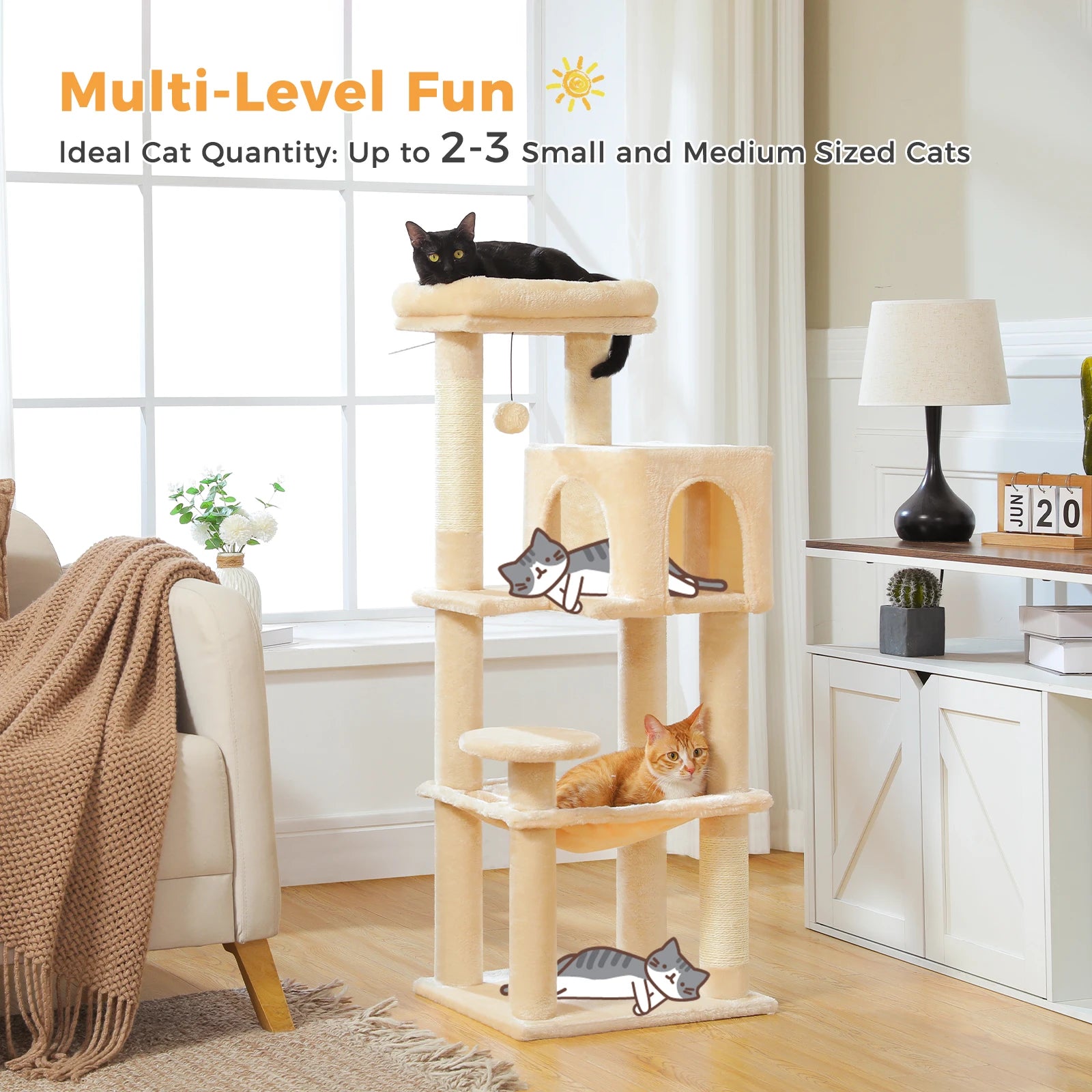 Multi-Level Cat Tree – Indoor Tower with Condo, Hammock & Scratching Posts