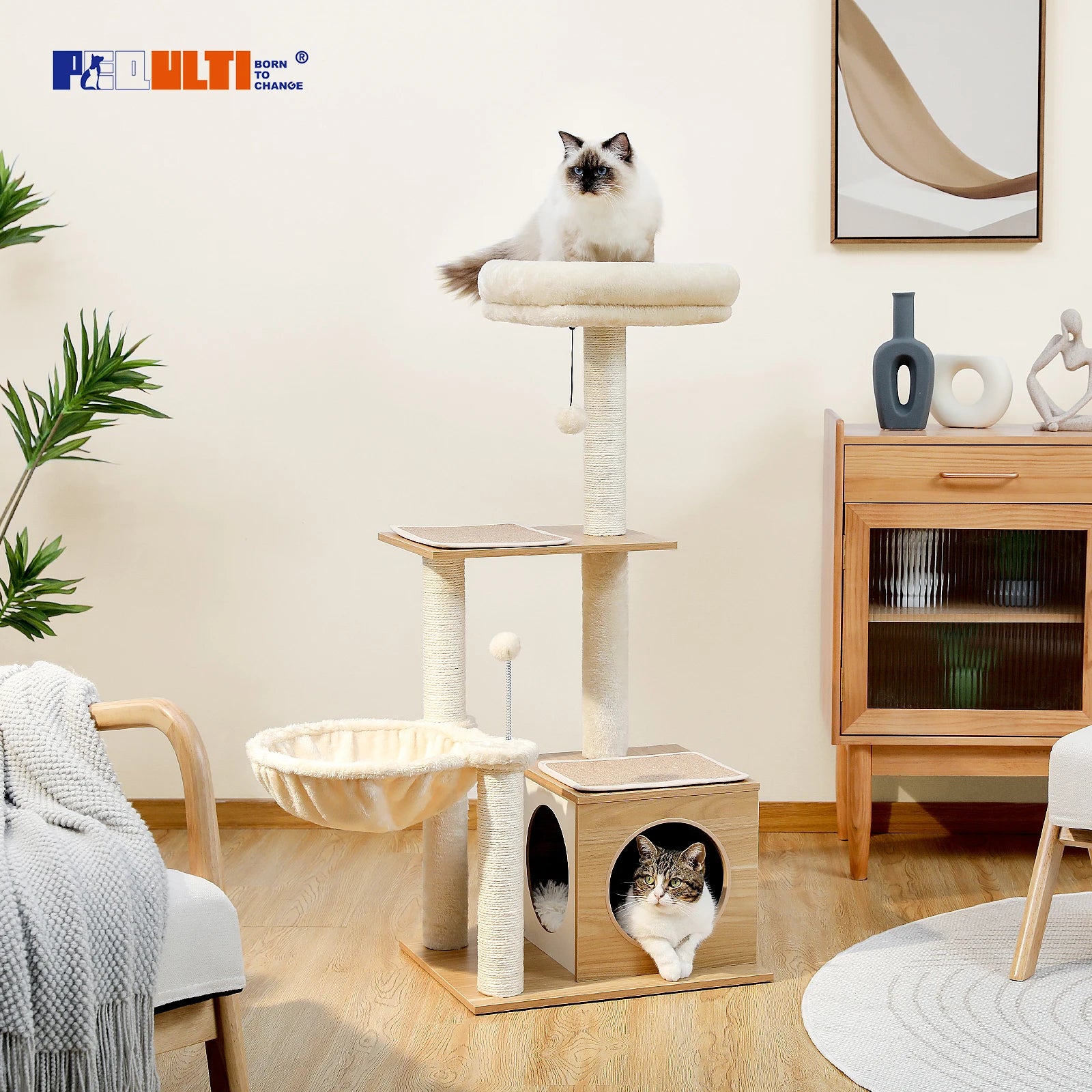Modern Cat Tree – Multi-Level Wood Tower with Condo, Hammock & Scratching Posts