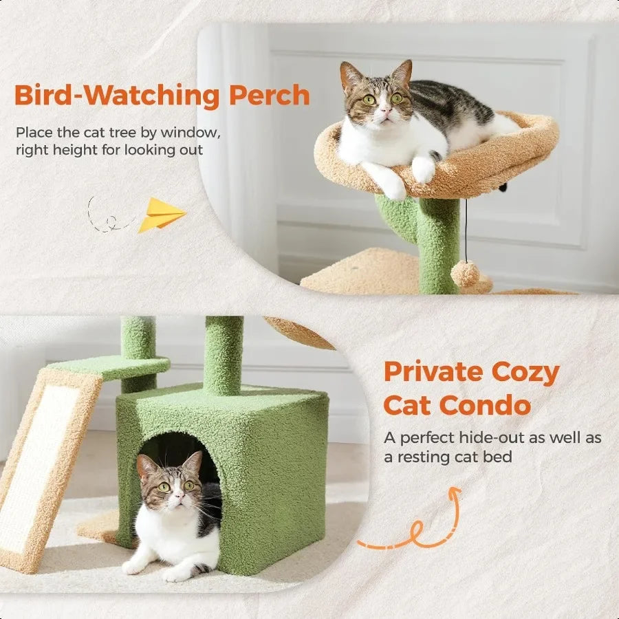 Cactus Cat Tree – 32" Cat Tower with Condo, Hammock & Scratching Ramp
