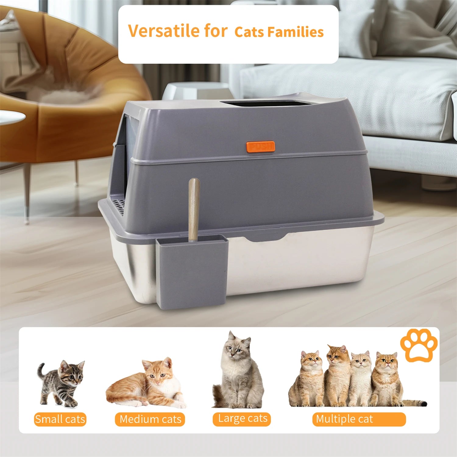 Enclosed Stainless Steel Cat Litter Box with Lid – Extra Large Metal Litter Pan Tray with High Walls for Big Cats