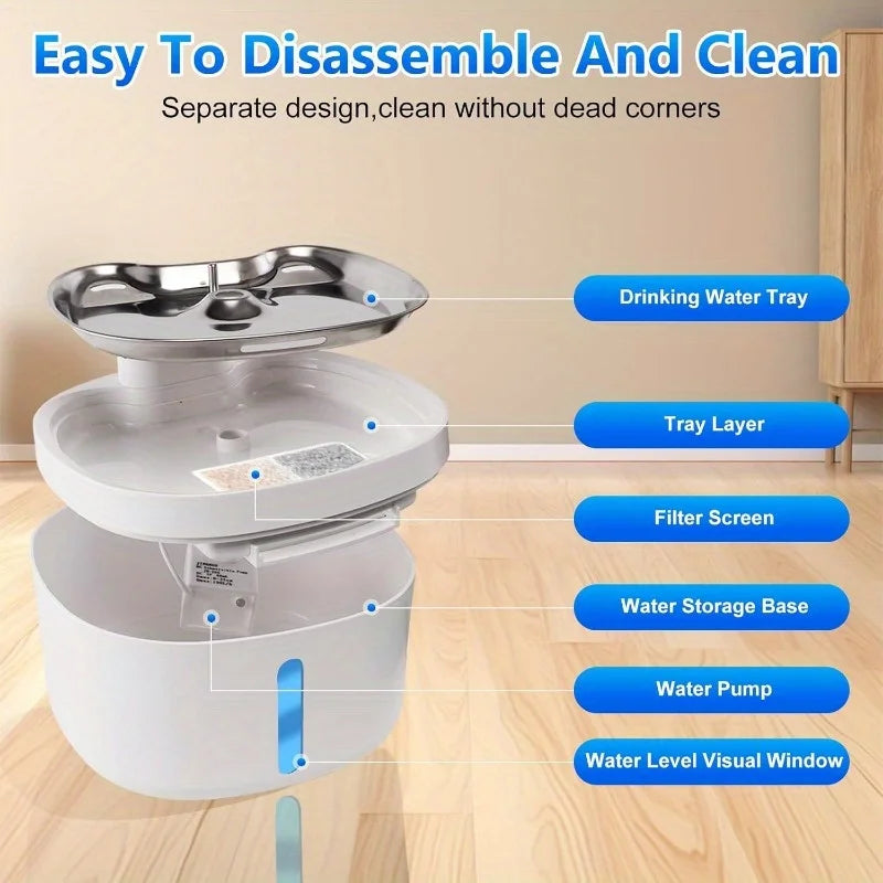 Wireless 2.6L Cat Water Fountain – Stainless Steel with LED Light & Filters