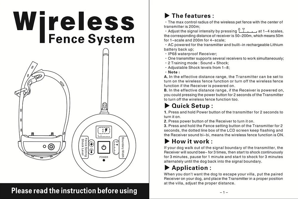 Wireless Dog Fence System – 200m Rechargeable Electric Collar with Beep & Shock Training Modes
