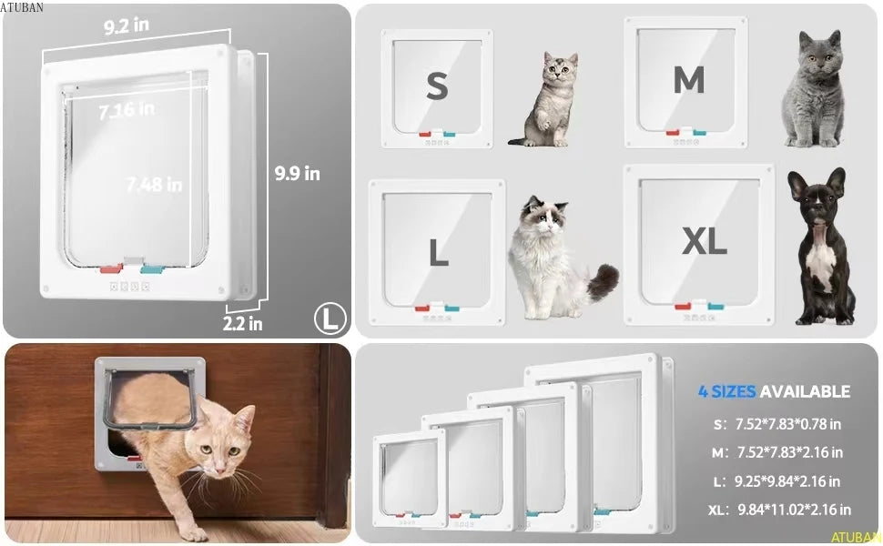 ATUBAN Large Cat Door – 4-Way Locking Pet Door for Interior, Exterior, Window & Wall Installation