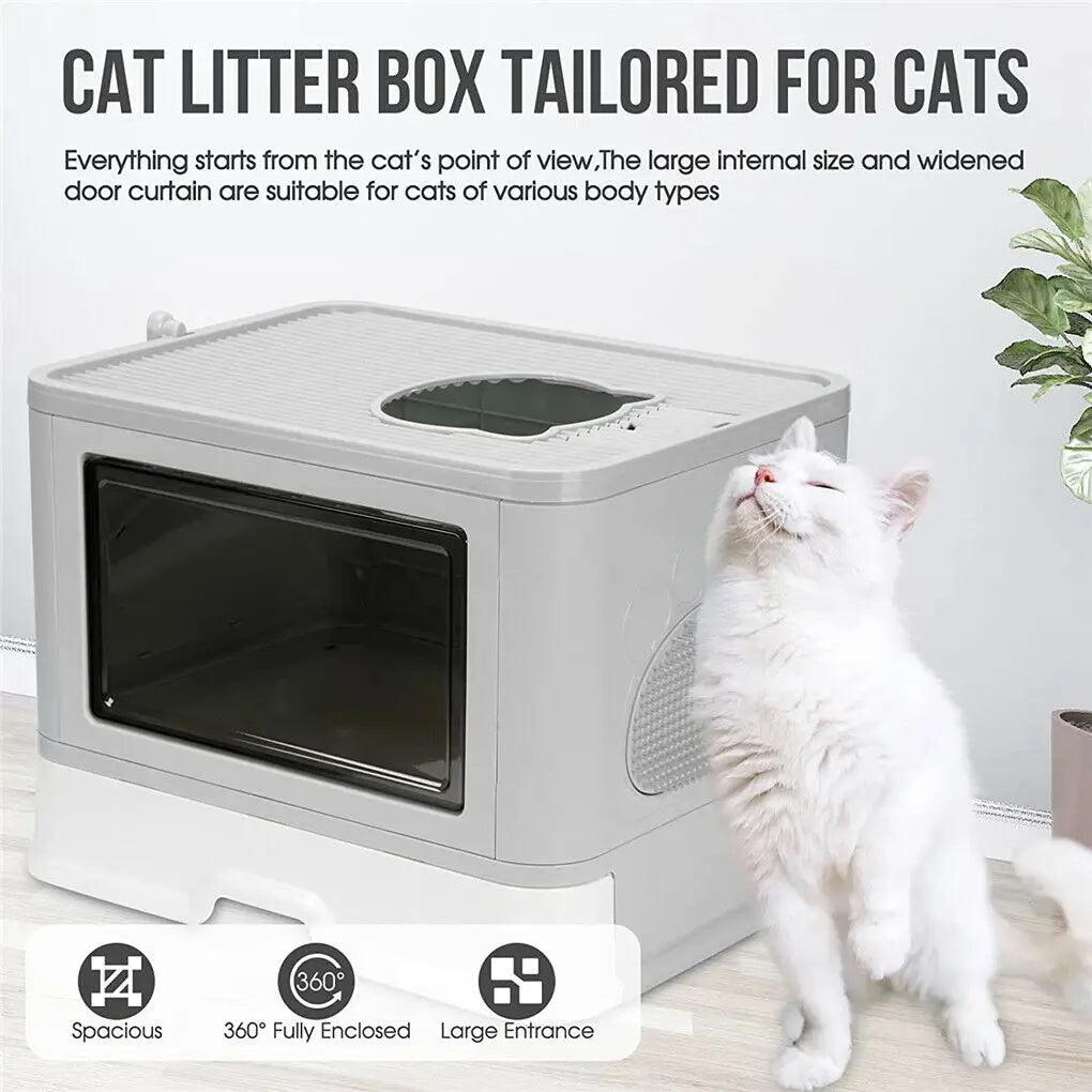 Foldable Enclosed Cat Litter Box – Front Entry & Top Exit Design with Massager, Litter Scoop & Space-Saving Foldable Structure