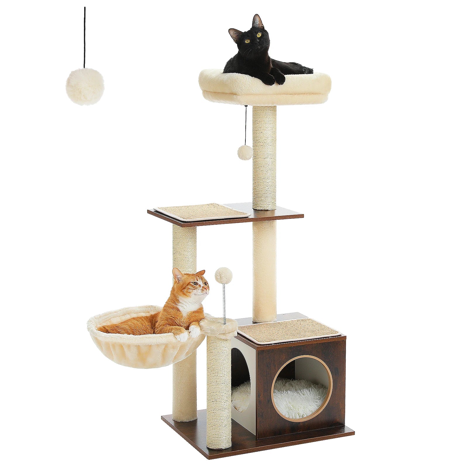 Modern Cat Tree – Multi-Level Wood Tower with Condo, Hammock & Scratching Posts