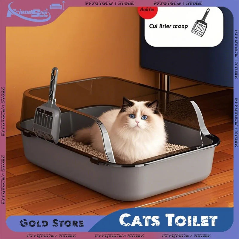 Semi-Enclosed Cat Litter Box with High Sides – Splashproof Kitty Sandbox with Litter Scoop