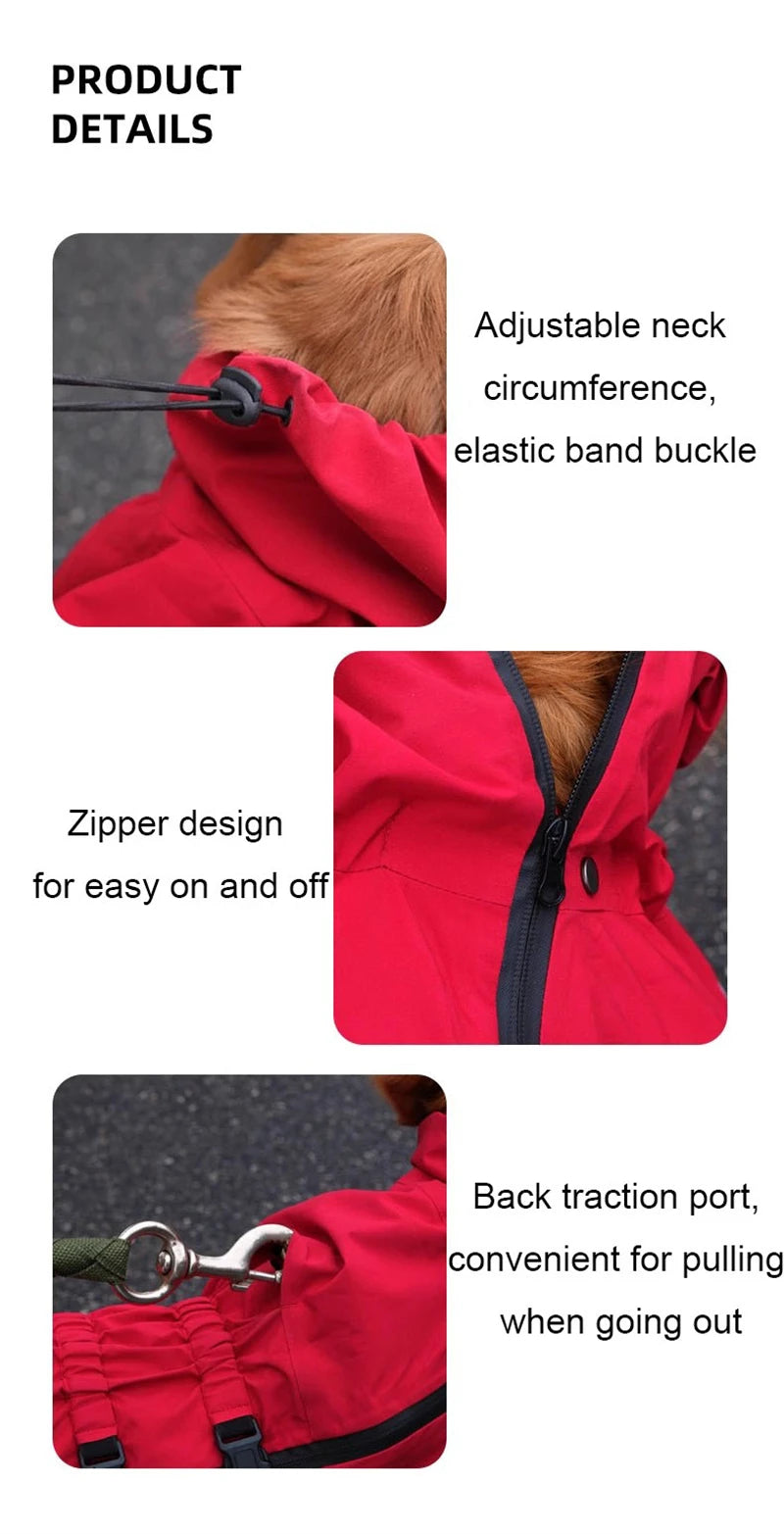 Waterproof Reflective Dog Raincoat – Red All-Weather Jacket for Large Dogs