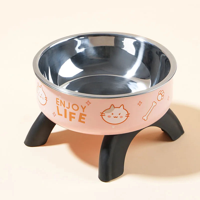 Cartoon Printed High-Legged Pet Bowl – Large-Capacity Stainless Steel Cat & Dog Bowl with Neck Protection