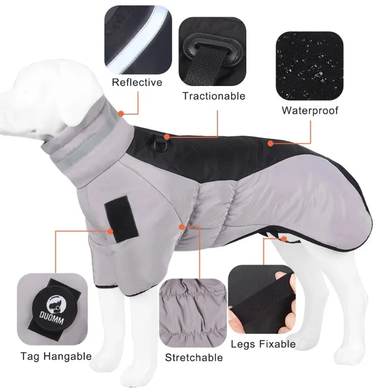 Winter Dog Down Jacket – Waterproof Reflective Coat with High Collar for Medium & Large Dogs