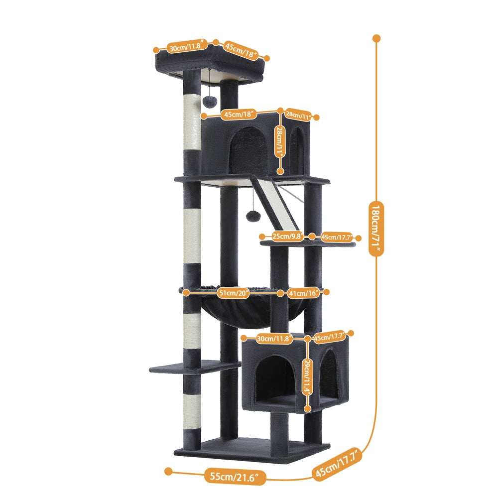 180cm Large Cat Tree Tower – Multi-Level Cat Condo with Hammock, Spacious Perch & Sisal Scratching Posts