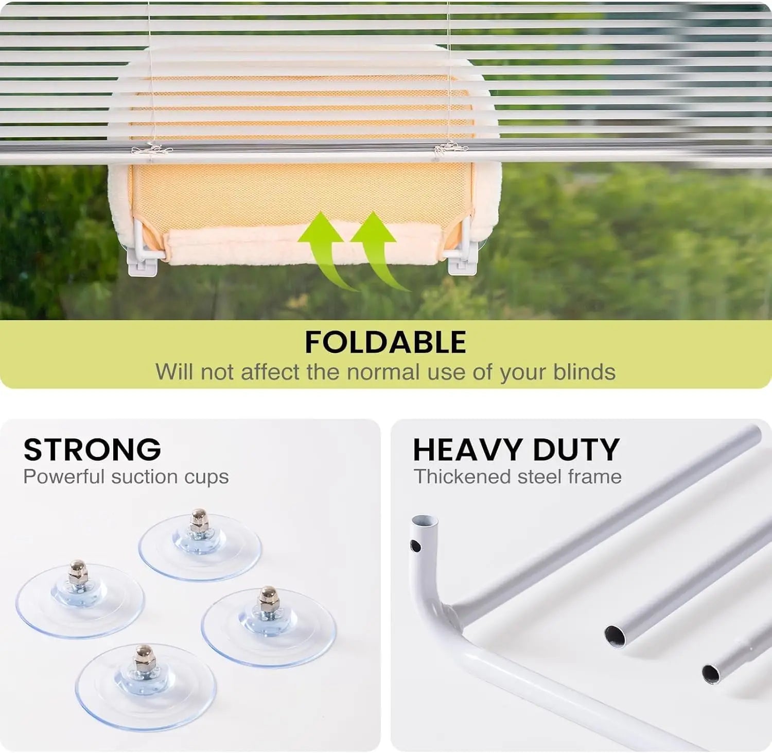 Mewoofun Foldable Cat Window Perch – Cordless Cat Hammock with 4 Strong Suction Cups & Removable Soft Cover (White, Brown, Green)