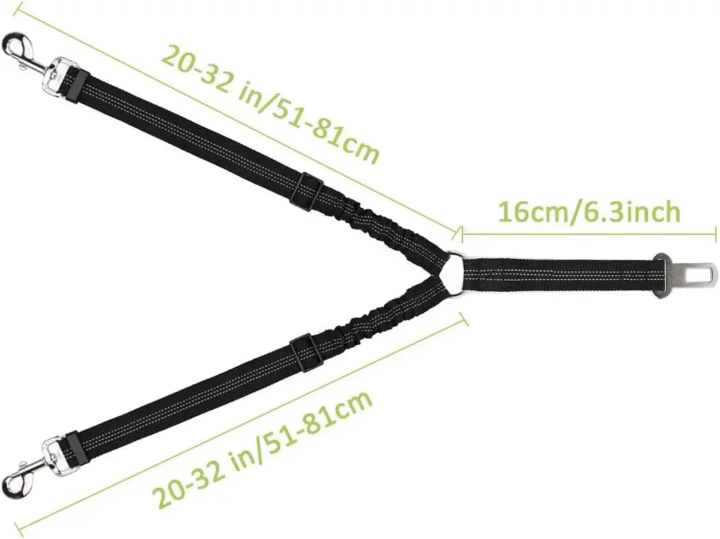 Double Dog Car Seat Belt – Adjustable No-Tangle Safety Leash with Bungee Buffer & Reflective Strips for Two Pets