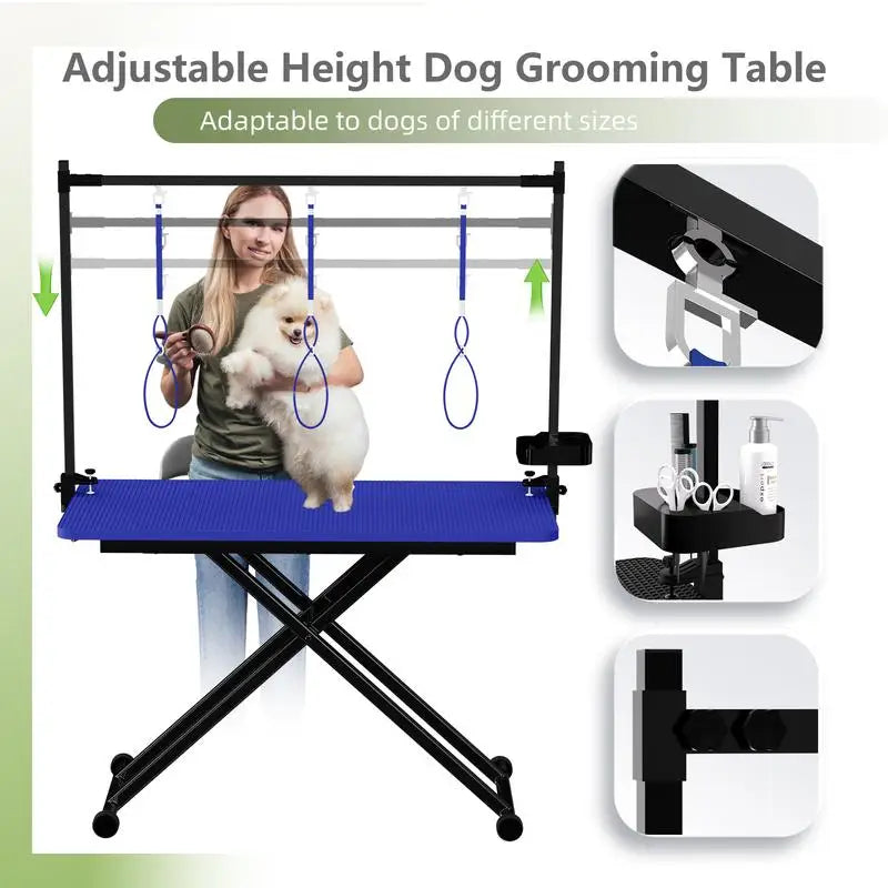 47" X-Lift Large Dog Grooming Table – Foldable Adjustable Pet Station with Arms, Nooses, Mesh Tray & Tool Rack (Blue)